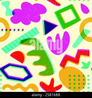 Geometric shapes risograph seamless pattern. Abstract riso print background with colorful 80s 90s style elements, retro vintage texture. Vector wallpa Stock Vector