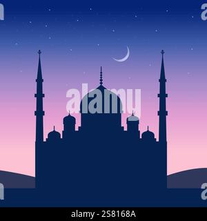 Mosque at Night Starry Sky Crescent Moon Islamic Architecture Vector Graphic EPS10 Stock Vector