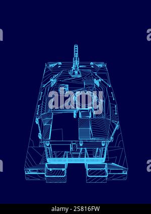 Blue drawing of a tank with a gun on top. The tank is shown in a 3D perspective Stock Vector