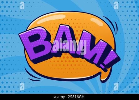 Comics speech bubble BAM with halftone elements on blue groovy shape pattern. Vector color cartoon illustration in pop art style. Stock Vector