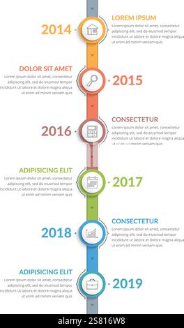 Vertical timeline template with icons, six elements, vector eps10 illustration Stock Vector