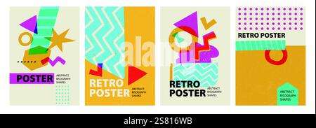 Abstract risograph posters. Modern riso print design with minimal geometric shapes, creative banner layout for magazine cover, brochure, flyer. Vector Stock Vector