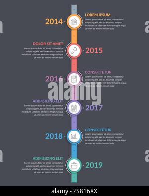 Vertical timeline template with icons, six elements, vector eps10 illustration Stock Vector