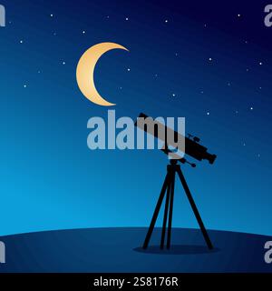 Ramadan and Eid Moon and Telescope Night Sky Stargazing Space Exploration Vector Graphic EPS10 Stock Vector