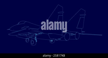 Blue jet is shown in a blue image. The jet is a fighter jet and is shown in a stylized way. The image has a futuristic and sleek look to it Stock Vector