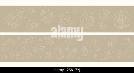 Celestial gemstones seamless border. Crystal thin line set. Simple magical crystal black contour symbol. Witchy. Stock Vector