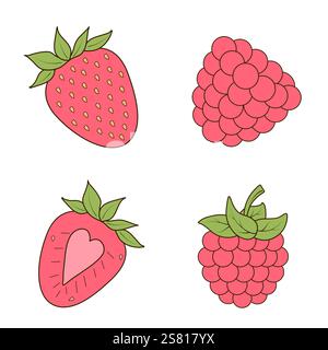 Set of fresh strawberries and raspberries in cartoon style. Vector illustration in a flat cartoon style. Suitable for packaging design, textile Stock Vector