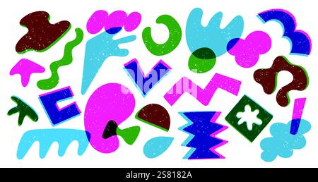 Abstract risograph shapes. Colorful random doodle geometric figures, modern childish riso graphic elements different textures. Vector isolated set. Stock Vector