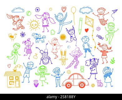 Sketchy happy kids. Cute doodle children playing and having fun, childhood emotions concept, funny boys and girls scribble pencil drawing. Vector isol Stock Vector