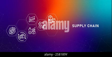 Supply chain gradient header shipping industry distribution business logistic production fulfillment sourcing service design concept Stock Vector