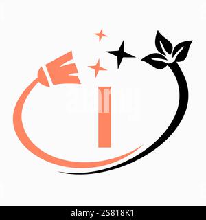 Monogram Letter I Clean Symbol Concept With Cleaning Brush Icon Vector Template Stock Vector