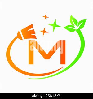 Monogram Letter M Clean Symbol Concept With Cleaning Brush Icon Vector Template Stock Vector