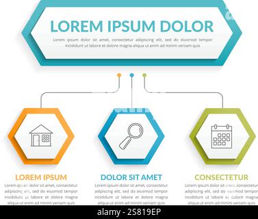 Infographic template with hexagons with main idea and 3 steps or options, workflow, process chart, vector eps10 illustration Stock Vector