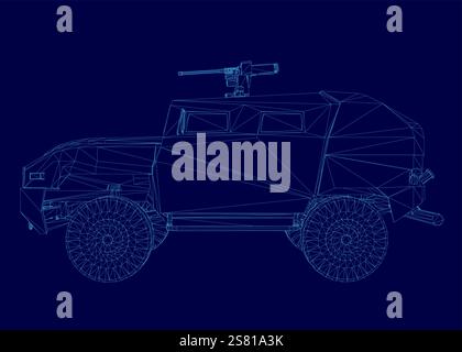Blue drawing of a military vehicle with a gun. The vehicle is a jeep and the gun is a machine gun Stock Vector