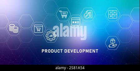 Product development creation gradient header manufacturing project data market analysis planning idea research production industry design Stock Vector