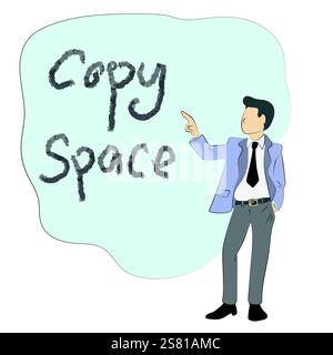 businessman pointing on blue blank copy space illustration vector hand drawn isolated on white background Stock Vector