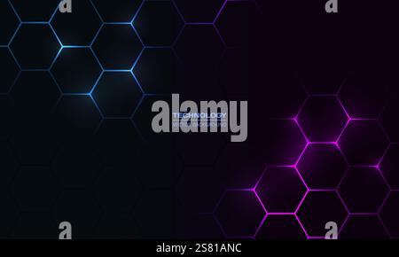 Dark hexagon abstract technology background with blue and pink colored bright flashes under hexagon. Hexagonal gaming vector abstract tech background. Stock Vector