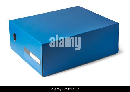 close-up of blue rectangular cardboard box or blank shoe box isolated white background, small hole in one side, mock-up template Stock Photo