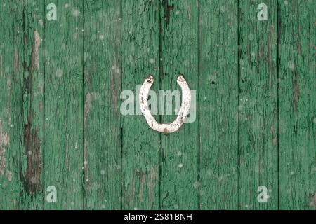 A green wooden door with a white horseshoe on it. The door is covered in snow Stock Photo