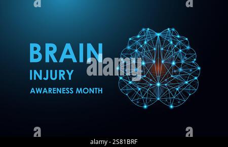Low poly brain injury awareness month concept. Abstract modern 3d vector. Banner poster, flyer and dark blue background design template. Vector. Stock Vector