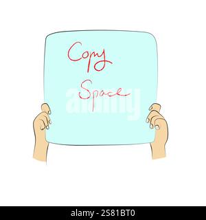 closeup hand holding sign with blue blank empty copy space for text illustration vector hand drawn isolated on white background Stock Vector
