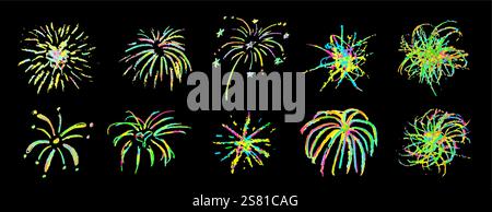 Fireworks cute pencil lines doodle elements for birthday, anniversary. Set of colorful rainbow sketches in style of lightning, explosion, sun rays Stock Vector