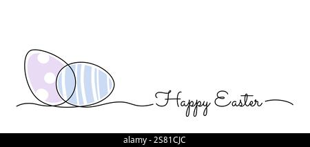 Happy Easter typography with single line eggs and handwritten style text for banner or greeting card Stock Vector