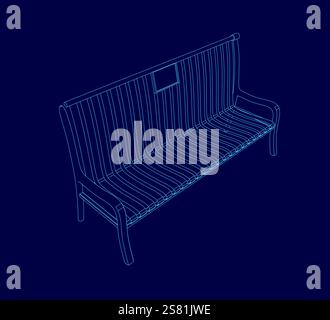 Blue image of a bench with a sticker on the back. The bench is shown in a blue drawing Stock Vector