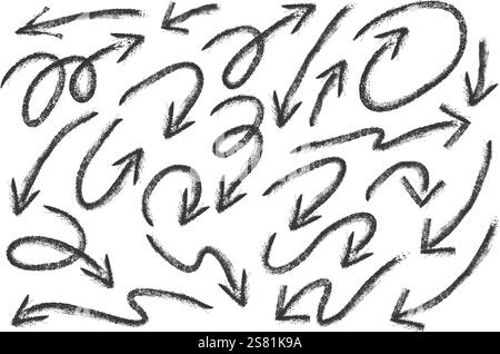 Arrow crayon hand drawn sketch. Vector pencil and chalk scribbles. Doodle charcoal textured grunge elements set. Curve swirl and spiral black marks on Stock Vector