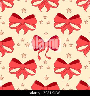 Seamless pattern,simple hand drawn ribbon bows. Red celebratory background Stock Vector
