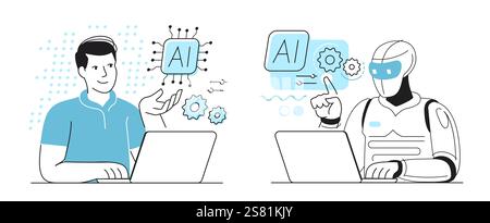 Man working on laptop using artificial intelligence technology. AI assistant, virtual cyberspace, digital data Stock Vector