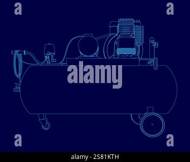 Blue drawing of a compressor. The compressor is a large, blue object ...