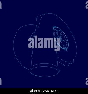 Blue drawing of a car turbo engine with a blue background. The engine is a turbo Stock Vector