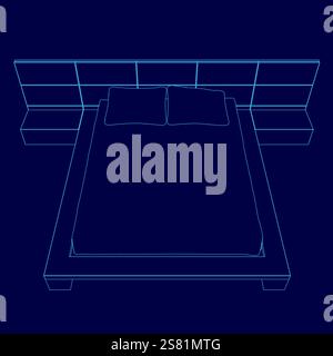 Bed with pillows and a headboard is shown in a blue color. The bed is made and looks comfortable Stock Vector