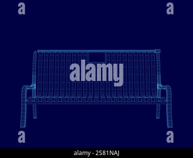 Blue bench shown in a blue background. The bench is shown in a 3D format, giving it a futuristic appearance. The bench is empty, with no one sitting o Stock Vector