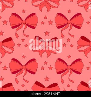 Seamless pattern,simple hand drawn ribbon linear bows. Red background Stock Vector