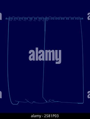 Blue curtain outline. The curtain is hanging from a rod Stock Vector