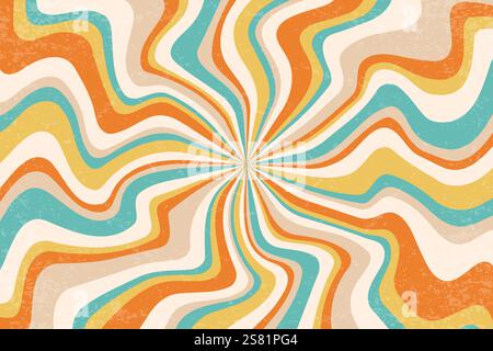Retro spiral rays background. Vector groovy swirl radial sun beams. Vintage psychedelic striped funky bg. Cream colored 70s design wallpaper. Hypnotic Stock Vector