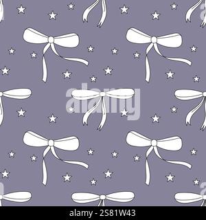 Seamless pattern,simple hand drawn ribbon linear bows. Stars background Stock Vector