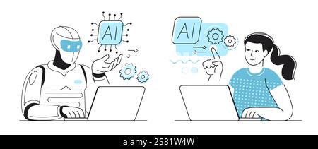 Humanoid robot working with laptop. Girl works with digital computing technologies using artificial intelligence Stock Vector