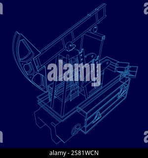 Blue drawing of a oil pump outline. The drawing is in blue and is very detailed Stock Vector