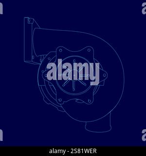 Blue drawing of a car turbine engine with a large fan. The fan is surrounded by a circle and is the center of the drawing Stock Vector