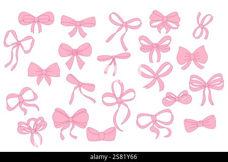 A simple collection of hand drawn ribbon bows. Bow decoration, pink ribbons, set Stock Vector