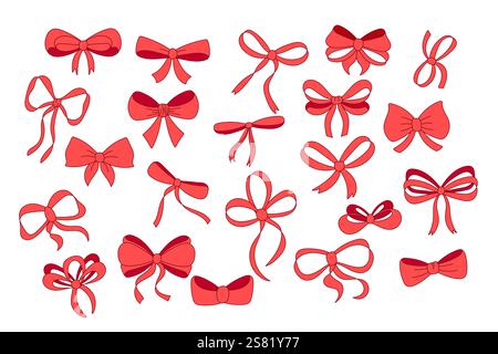 A simple collection of hand drawn ribbon bows. Bow decoration, red ribbons Stock Vector