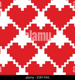 Pixels Stylized Heart shape Seamless pattern in trendy monochrome red. St Valentine Day Background. Isolated Vector illustration Wrapping, wallpaper or web promo banner Thematic cards, leaflets, price Stock Vector