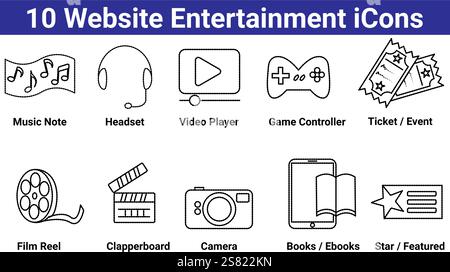 10 website entertainment icons set Stock Vector