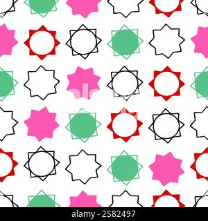 Geometric pattern with repeating starburst shapes in a mix of solid colors and outlined forms in black Stock Vector
