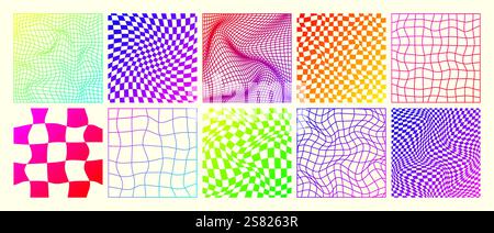 Groovy checkered pattern, neon distorted tiled grid. Vintage wavy curved backdrop, distortion effect. Funky geometric chessboard texture, retro Stock Vector