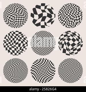 Trendy round checkered pattern, distorted tiled grid. Wavy curved ...
