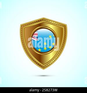 Rounded flag of Tuvalu with glossy gold shield Stock Vector
